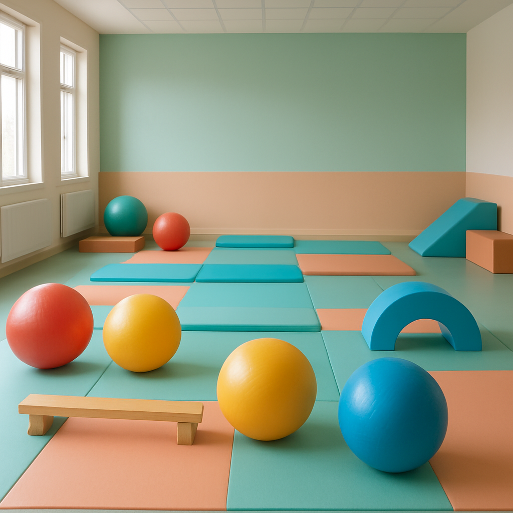 Gimnasio para desarrollo motor con pelotas y colchonetas