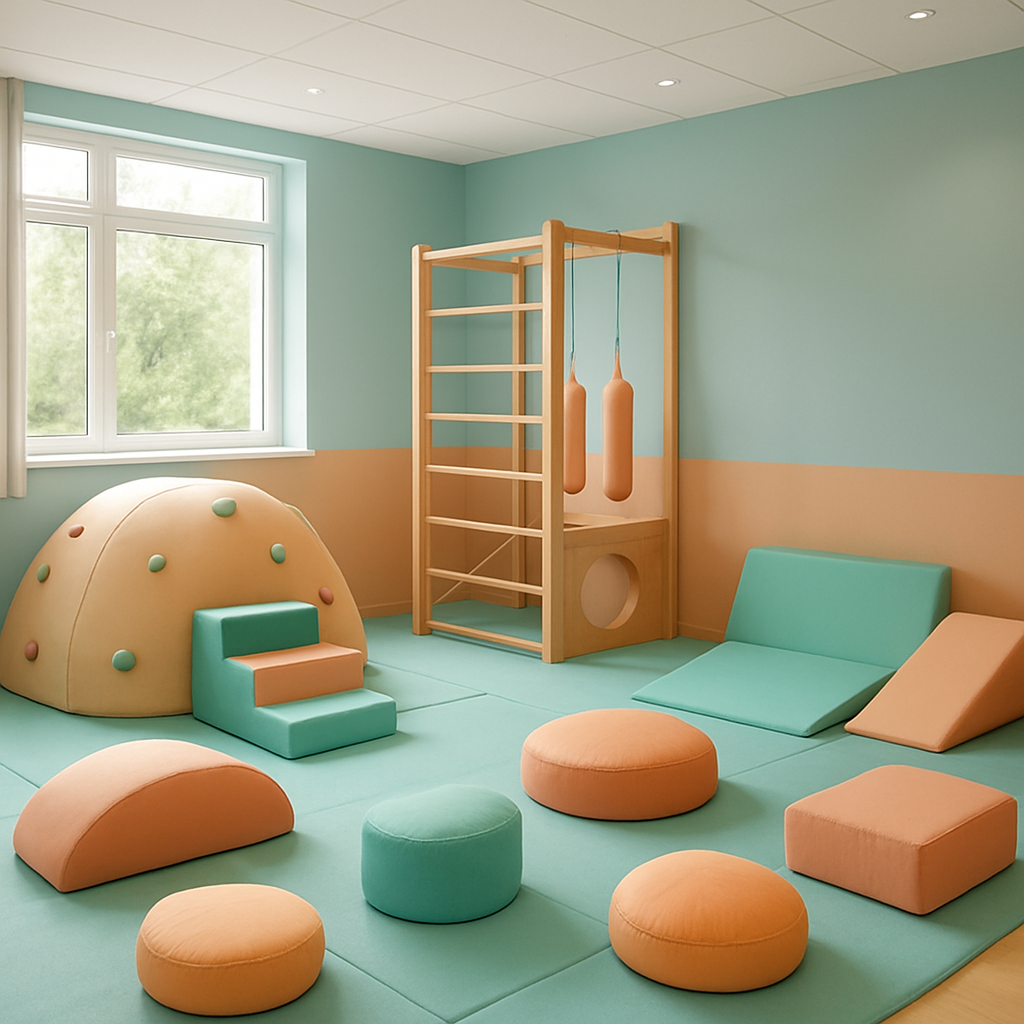 Sala de integración sensorial con equipo de juego colorido